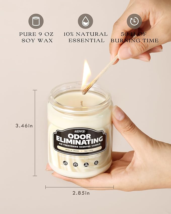 AOOVOO Vanilla Cream Odor Eliminating Highly Fragranced Candle - Eliminates 95% of Pet, Smoke, Food, and Other Smells Quickly, Air Freshing Soy Candle, 9 oz Up to 50 Hours Burn time