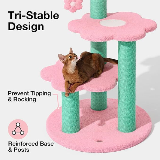 VETRESKA 39.8" Cat Tree Multi-Level Cat Tower with Platform, Sisal Scratching Posts with Hanging Blossom Toy, Indoor Cats Furniture Activity Center for Large Cats Kittens, Pink Flora