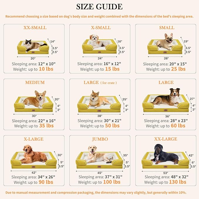 Comfort Expression XXL Dog Bed Orthopedic Foam, Waterproof Dog Beds for Oversized Dogs, Washable Dogs Sofa Bed with Removable Cover & Non-Slip Bottom(XX-Large,Spicy Mustard)