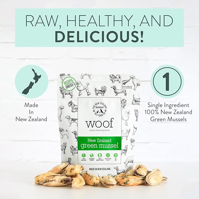 WOOF Freeze Dried Dog Treats - High Protein, Small & Large Dog, Natural, Topper, Treat, Green Mussels - 1.76 oz