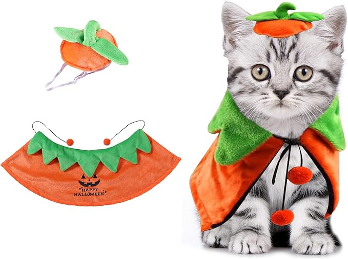 Halloween Cat Pumpkin Cloak with Hat Costume， Adjustable Double-Sided Pumpkin Pet Cape Clothes, Small Cats Dogs and Other Pets Halloween Parties and Pet Cosplay - S