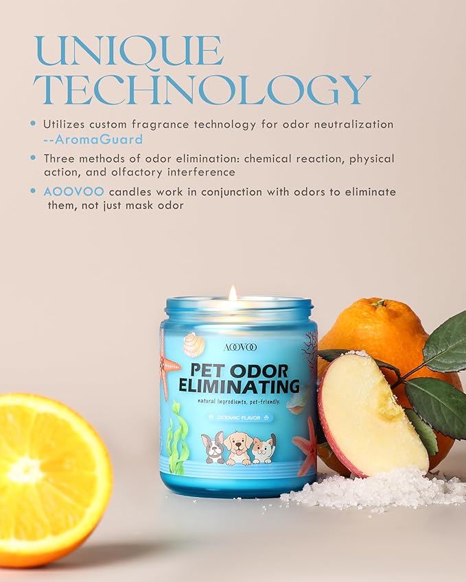 AOOVOO Pet Odor Eliminator Candle - Oceanic Flavor Odor Eliminating Candle, Highly Fragranced Air Freshing Scented Candles, Natural Soy Wax, 9 oz