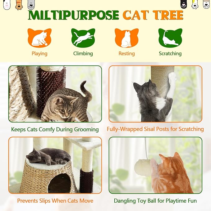 43.6” Rattan Cat Tree Tower with Woven Cat House - Multi-Level Condo & Scratching Posts - Sisal Poles, Grooming Brush, Plush Perch & Dangling Toy, Stylish Cat Furniture for Indoor Cats