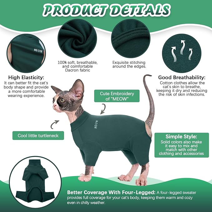ROZKITCH Hairless Cat Clothes, Breathable Soft Cat Jumpers for Cats Only, Cat Coat with Four Legs, Warm Cat Sweater Cat T-Shirt Cat Pajamas Jumpsuit Vest Cornish Rex Devon Rex Peterbald DarkGreen 2XL