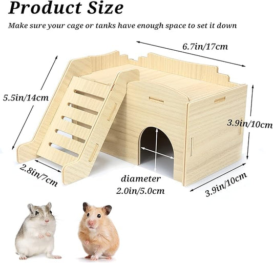 Syrian Hamster Hide with Wooden House, Climbing Ladder and Window, Detachable Hut Play/Chew/Hide