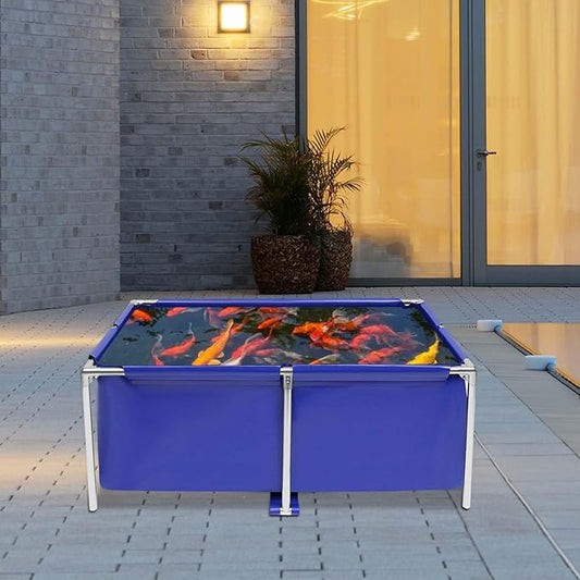 Foldable Fish Pond Aquarium Blue Cuboid Canvas Fish Pond Aquarium, Koi Breeding Pond with Metal Frame and Drain Valve for Home Breeding Pond or Aquaculture
