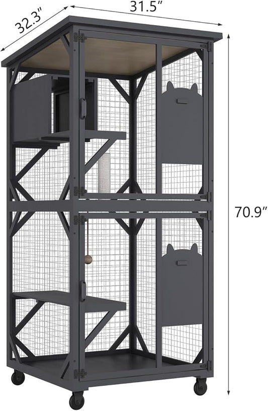 ROOMTEC Catio Outdoor Enclosure With Roof 71" Height Wooden House Large Cage With 3 Jumping Platforms and 1 Napping House for Cat Activity (Grey)