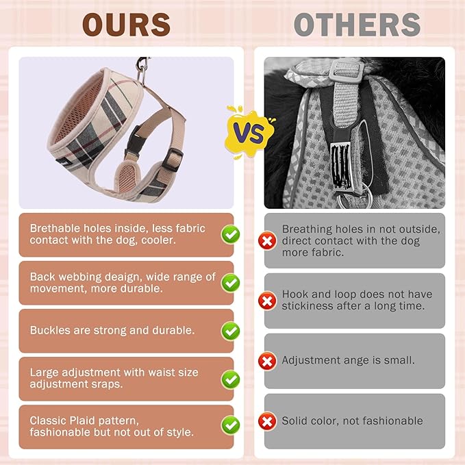 SCENEREAL No Pull Small Dog Harness Collar and Leash Set, Soft Mesh Step in Plaid Puppy Harnesses for Fall Winter, No Chock Adjustible Pet Vest for Outdoor Walking Training and Running, Beige S