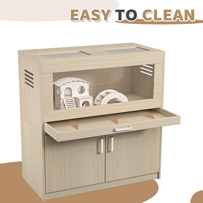 Guinea Pig Cages, Hamster Cage Wood with Independent Storage Cabinet, House for Rat Chinchilla with Guinea Pig Hutch and Bridge, Openable Top with Acrylic Sheets(Teak+Wood, 32.28 inch)