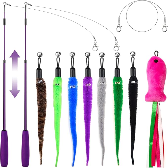 11PCS Cat Wand Toy, Cat Interactive Toys for Indoor Cats, 2 Retractable Cat Wand, 7 Worm Cat Teaser Toys and 1 Plush Fish Cat Toy, Cat Feather Toys for Play Chase Exercise with Kitten, Extra 1 Line