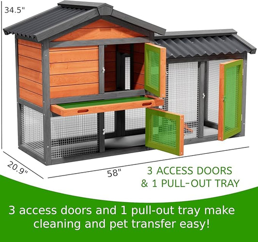 Chicken coop, Chicken Run,Small Wooden Duck Coop Outdoor 2-Tier Hen House All Weather Used Poultry Quail Cage Rabbit Pet Hutch House with (Brown with Black)
