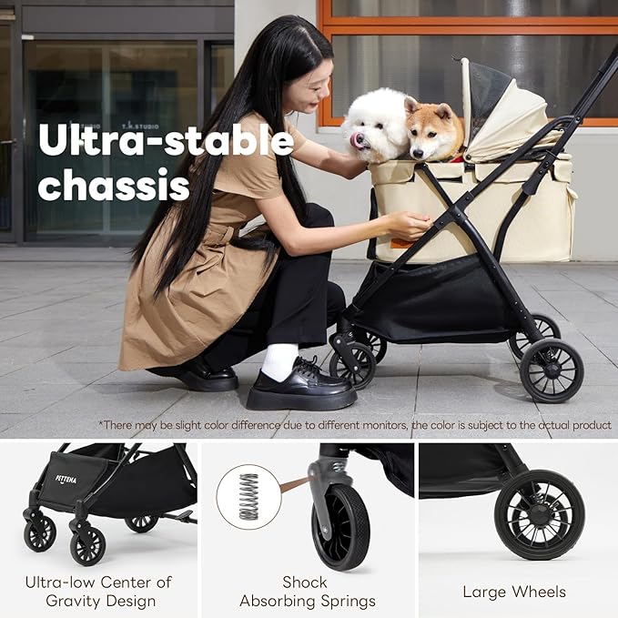 Foldable Pet Stroller,4 Wheels Pet Strolling Cart for Small Dogs Cats up to 44 Lbs, Pet Travel Carrier Strolling Cart with Storage Basket, Portable Dog Cat Stroller with Breathable Mesh, Khaki