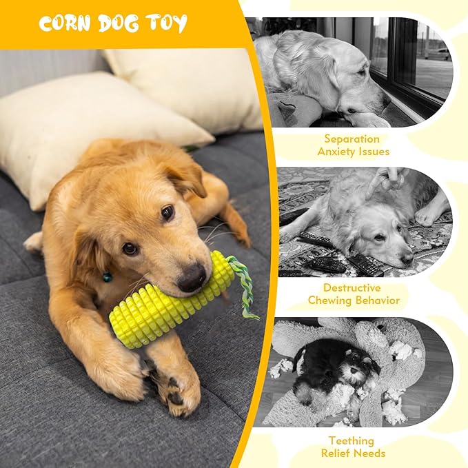 Dog Chew Toys Corn Shape for Aggressive Chewers, Tough Rubber Squeaky Dog Toys, Durable Interactive Puppy Teething Toys Suitable for Small, Medium and Large Dogs