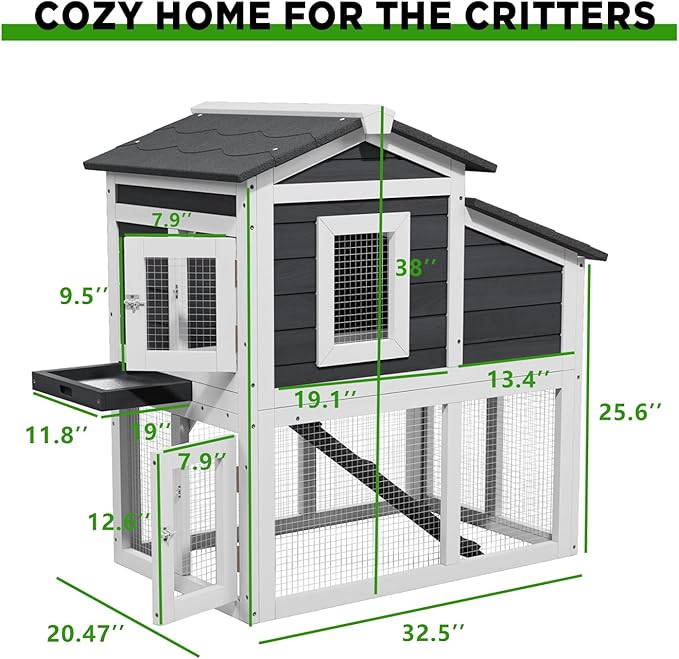 2-Story Rabbit Hutch Indoor, Wooden Furniture Style Bunny Cage with Run for Rabbits Guinea Pigs, Removable Tray & Openable Roof