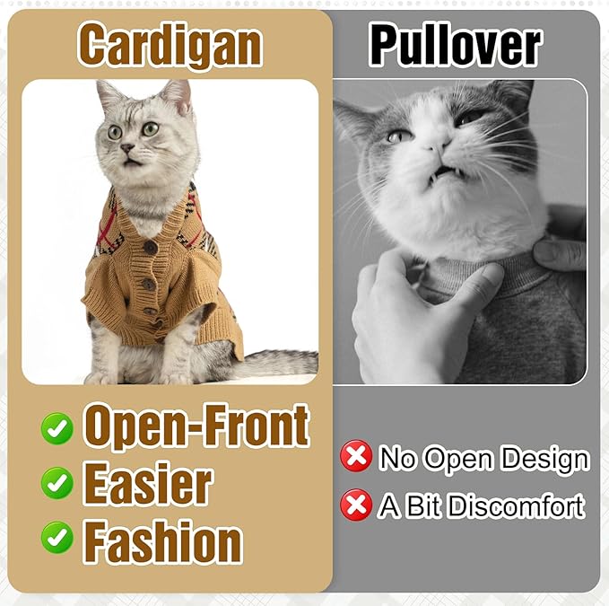 EXPAWLORER Cat Sweater Cardigan - Stylish Knit Cat Clothes, Plaid British Style Soft Puppy Sweater with Sleeve, Warm Pet Clothing Knitwear, Fall Winter Kitten Coat for Girl Boy Cats, Beige S