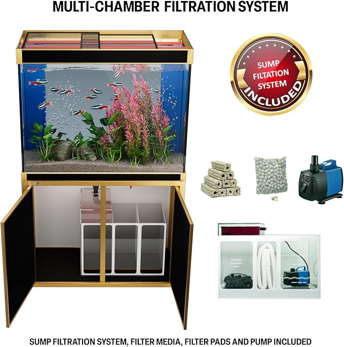 100 Gallon Aquarium Fish Tank with Upright Fishtank Stand Water Pump Freshwater Filter LED Bundle and Straight Corners Clear Glass - Black with Gold Trims
