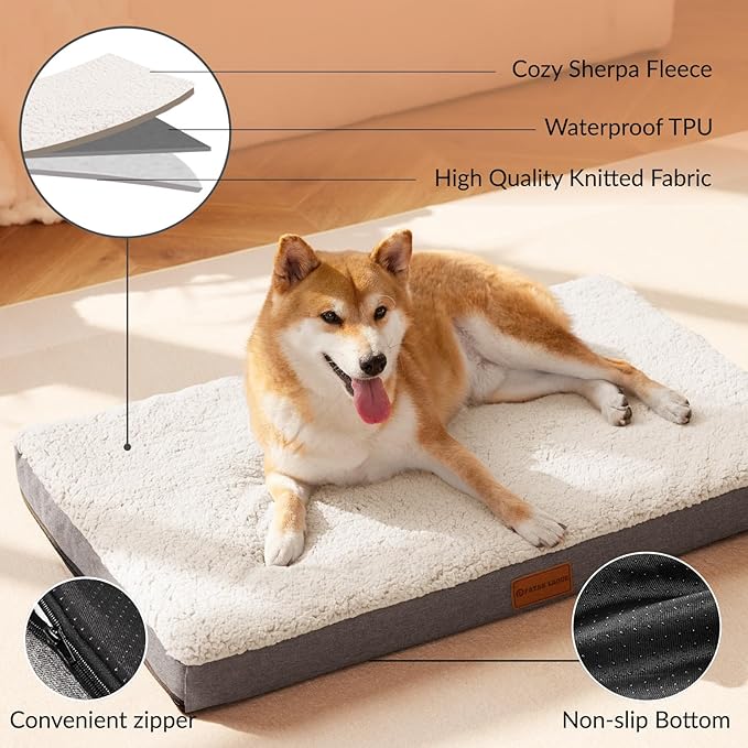 Patas Lague Orthopedic Dog Bed Medium Size Dog 30''X20'', Soft Comfortable Waterproof Egg Crate Foam Medium Pet Crate Beds Mat with Removable Washable Cover and Non-Slip Bottom, Ivory