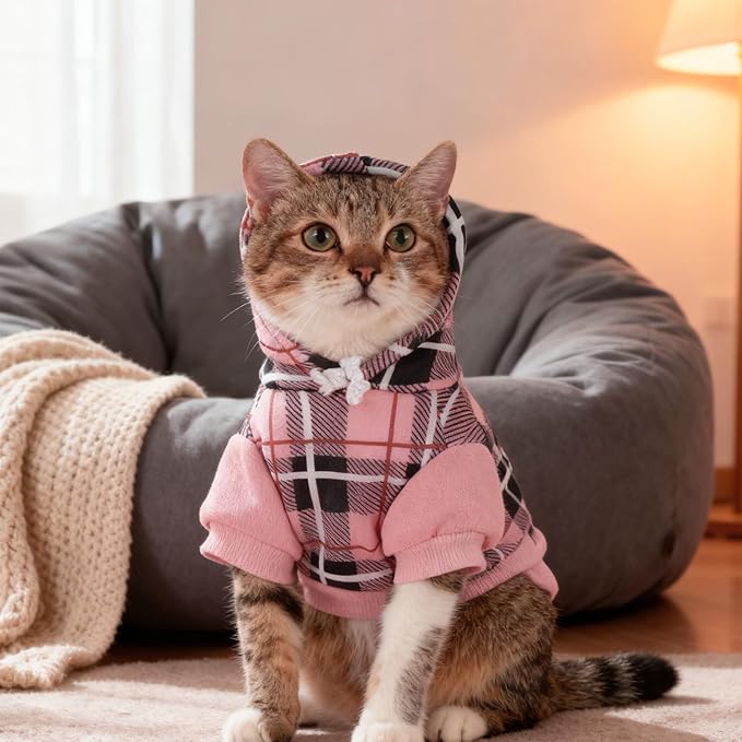 EXPAWLORER Plaid Cat Hoodie - British Style Warm Cat Sweater Shirt with Leash Hole,Pet Clothes Outfits,Winter Coat Apparel for Puppy Cats Girl Boy-Kitten Apparel,Pink L