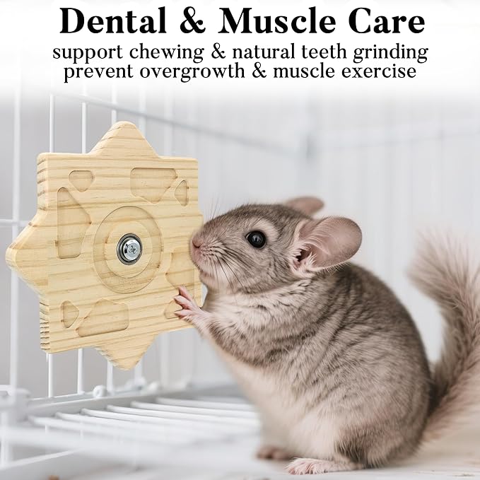 Rotating Natural Wood Chinchilla Chew Toys for Teeth, Interactive Enrichment Toys, Hanging Exercise Chinchilla Toys for Cage for Playtime, Spinner Cage Accessories Wheel (1pc Square)