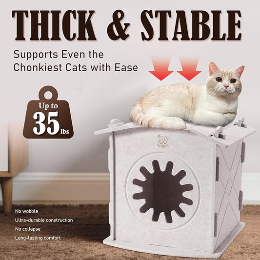 Apasiri Cat Houses for Indoor Cats: Felt Cat House Cave Cathouse, 15x14x15Inch Scratch-Resistant Bed Warm Insulated Covered, Hideaway Tent for Anxiety Relief Gift