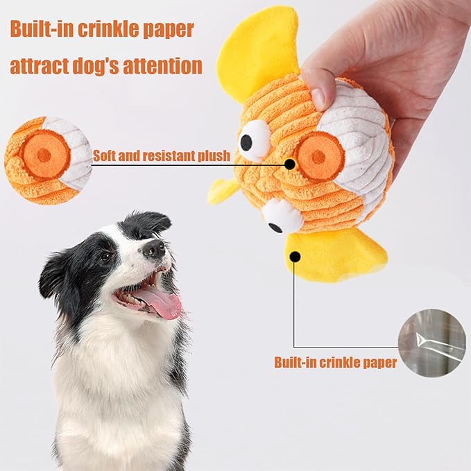 Squeak Dog Toys for Aggressive Chewers, No Stuffing Squeak Dog Chew Toys for Aggressive Chewers, Interactive Dog Toy Ball with Crinkle Paper for Medium Dogs, Large & Small Breeds (E-Crab+Fish)