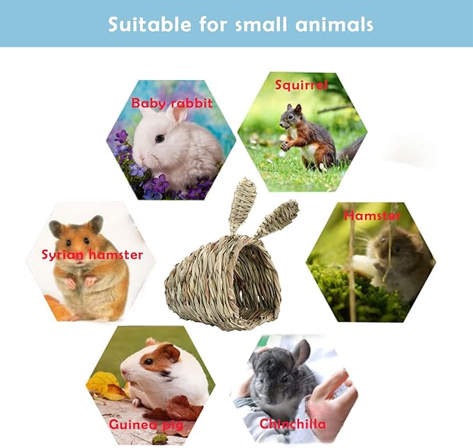 kathson Bunny Grass House Chew Toys Baby Rabbit Hideaway Hut Small Animals Grass Hideout Hand Woven Natural Hay Bedding for Guinea Pig Hamster Chinchilla