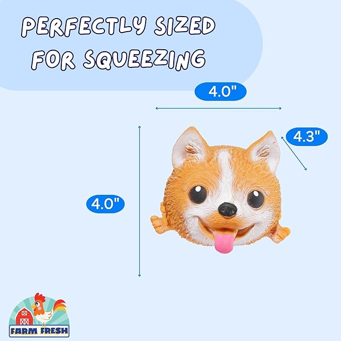 Farm Fresh Skwishy Pups – 4-Pack Dog-Themed Fidget Balls for Kids – Sensory Stress Relief Toy Set with Pug, French Bulldog, Corgi, and Labrador – Travel Squishy Toys, Party Favors Idea