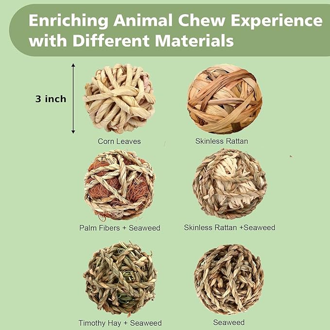 William Craft 2.9 Inch Bunny Chew Grass Balls, 6 Pcs Rolling Chew Toys for Small Animals, Natural Chew Grass Toys and Bunny Treats for Rabbits, Guinea Pigs, Chinchillas, Hamsters, Mice Teeth Grinding