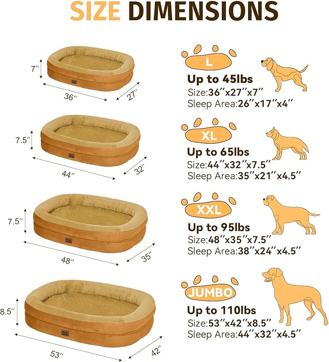 Orthopedic Waterproof Large Dog Bed: Memory Foam Washable Dog Bed with Bolsters - XL Removable Washable Cover for Medium Large Sized Pet - Non-Slip Bottom - Orange
