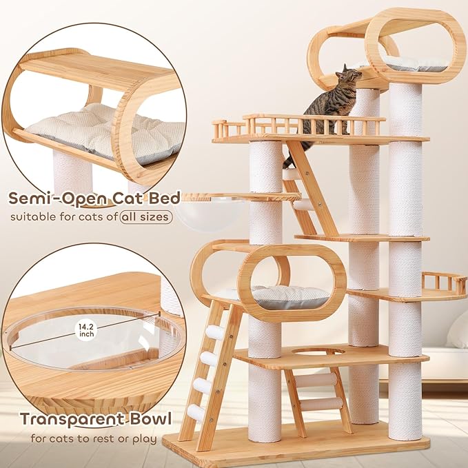 Wood Cat Tree,77'' Modern Cat Trees for Indoor Cats Large Adult,Mult-Level Large Cat Tower with Sisal Scratching Posts,Top Bed,Clear Hammock,Toy,Heavy Duty Sturdy Cat Condo for Cats