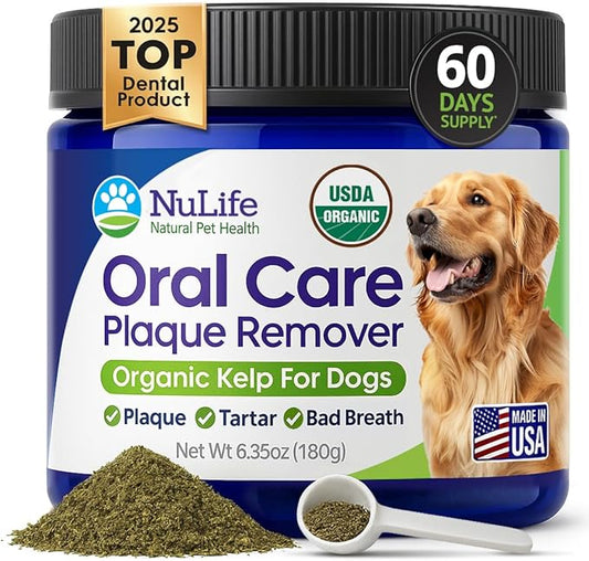 Dog Teeth Cleaning Powder, Dog Plaque and Tartar Remover, Bad Breath Treatment for Dogs with USDA Organic Sea Kelp Powder, Dog Dental Care Made Easy, for All Ages, 6oz