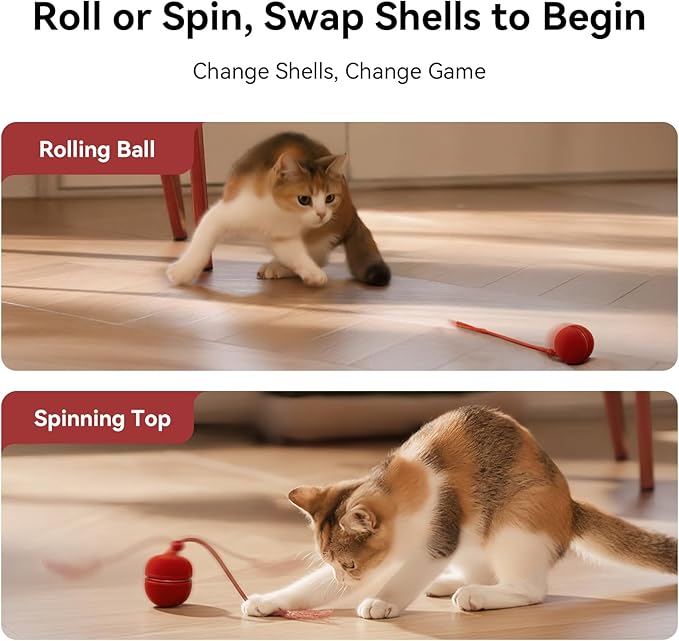 Cheerble Interactive Cat Toys for Indoor Cats - Wicked Ball Duo 2 Automatic Cat Toy with Dual Interchangeable Shells, Electronic Pet Toy with Bird Chirping Sounds, Rolling Cat Toy for Kittens, Red