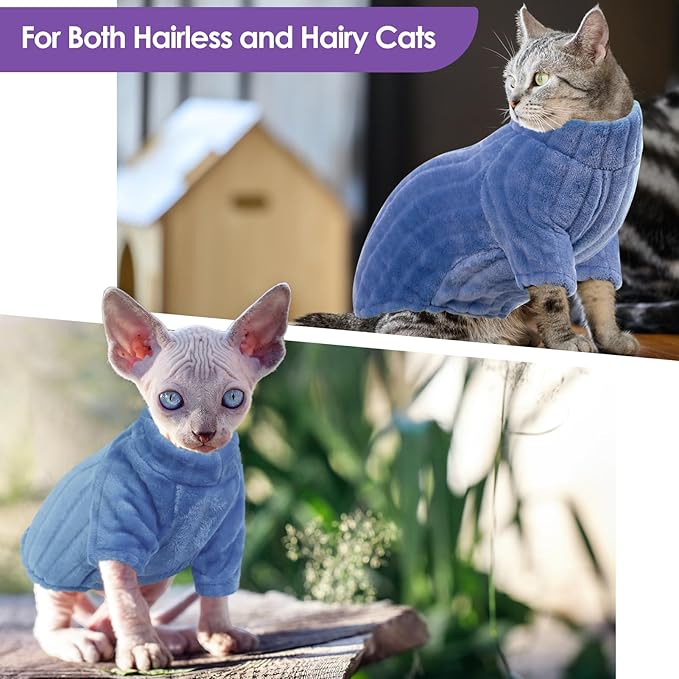 SUNFURA Sweaters for Cats, Hairless Sphynx Sweater Kitten Pullover with Sleeves, Warm and Soft Cat Pajamas Fleece Sweatshirt Jumpsuit, Turtleneck Clothes for Fall Winter, Blue M