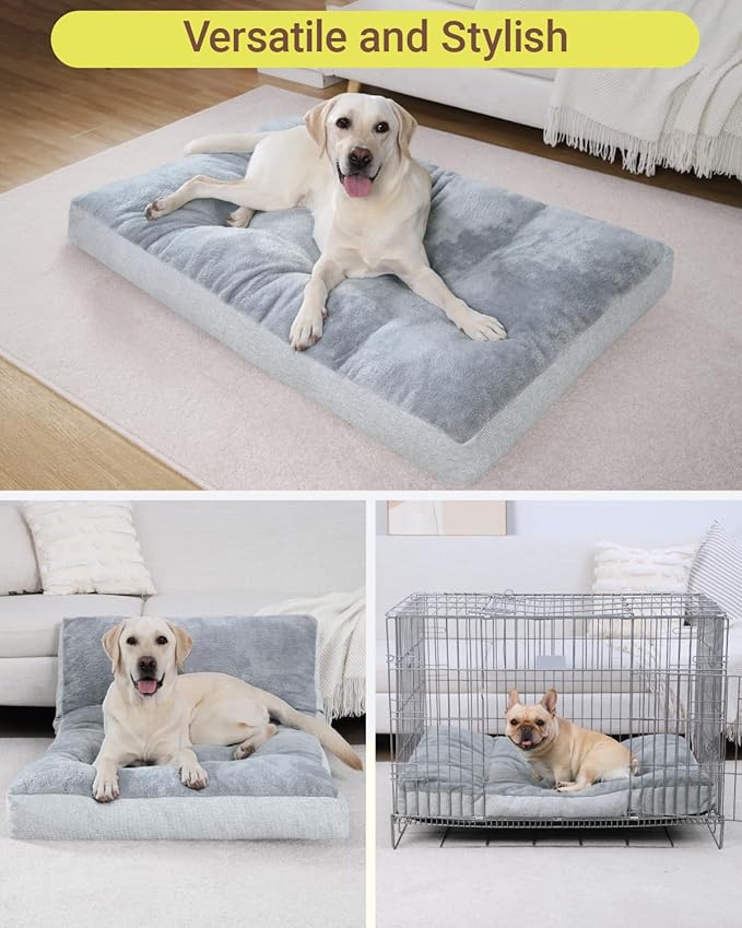 Washable Dog Bed for Large Dog, XL Crate Bed Plush Pet Kennel Pad with Non-Slip Bottom, Pet Sleeping Mat, 41x27 inch, Light Gray
