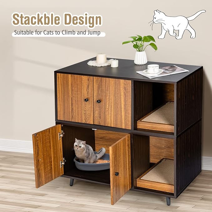 PETSITE Cat Litter Box Enclosure, Wooden Litter Box Cabinet with Divider, Scratching Pad & Metal Legs, Litterbox Enclosure Furniture with Double Doors, Hidden Litter Box, 35.5 x 20 x 20 inch