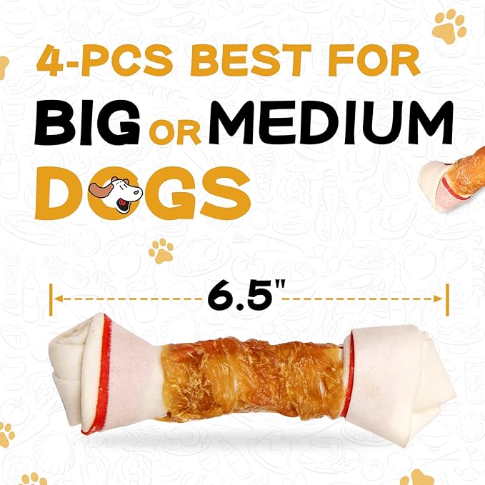 Dog Treat Rawhide Bones with Chicken (6.5 ", 4 pcs), Dog Chews Beefhide Treats w/Taurine, 10.5 oz