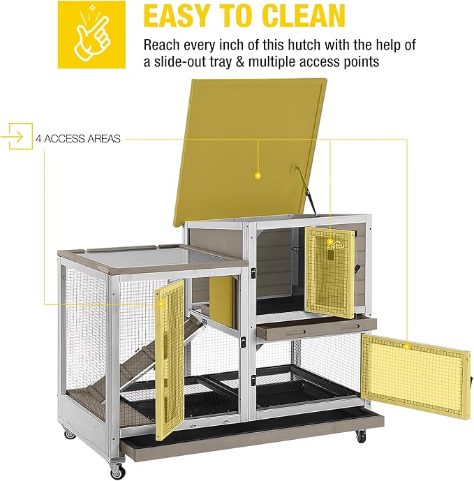 Aivituvin Large Rabbit Hutch with Removable Wire Netting, 2 Deep Trays, 4 Wheels, Sliding Door, and Extra Access Door - Mocca Color