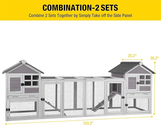 Aivituvin Rabbit Hutch Indoor Outdoor 51.6''L Chicken Coop Bunny Cage with Run,Guinea Pig House Pull Out Upper Tray (51.6" L x 25.2" W x 36.2" H, Grey-1 Set)