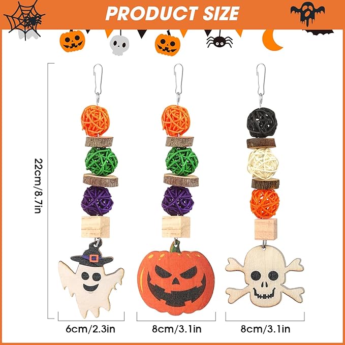 Bunny Chew Toys, Natural Guinea Pig Toys,3pcs Perfect Chews Hanging Wood Chew Toy for Pet Rabbits Guinea Pigs Chinchillas Hamsters Rats and Other Small Animals Teeth Grinding Halloween Themed