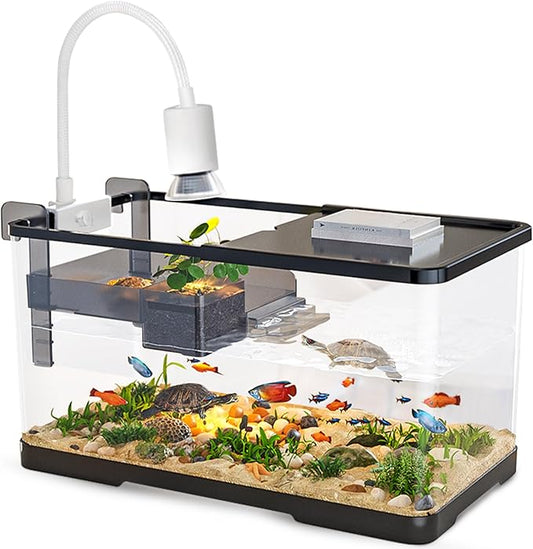 (Tank + Light + Filter + Filter Balls) Turtle Tank Kit, Turtle Tank Starter Kit,Bottom Drainage, Multi-Function Areas for Turtles, Crabs,Fishes, Amphibians,Reptiles. (15.75 x 8.64 x 8.64 Inch)