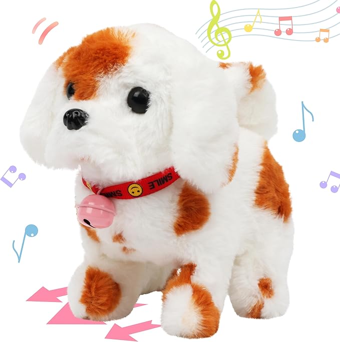 Hopearl Walking Dog with Bell Interactive Electronic Pet Plush Toy Puppy Woof and Moving Animated Nodding Head Gifts for Toddlers Birthday, Brown, 7''