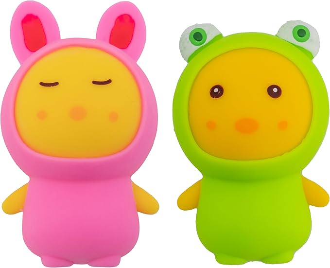 Farm Fresh Chick-in Costume Squeezable Toy – 2-Pack Yellow Chick Fidget Animals with Bunny & Frog Costumes – Soft Squishy Sensory Toys, Stress Relief Gift, Party Favors for Kids Ages 3+
