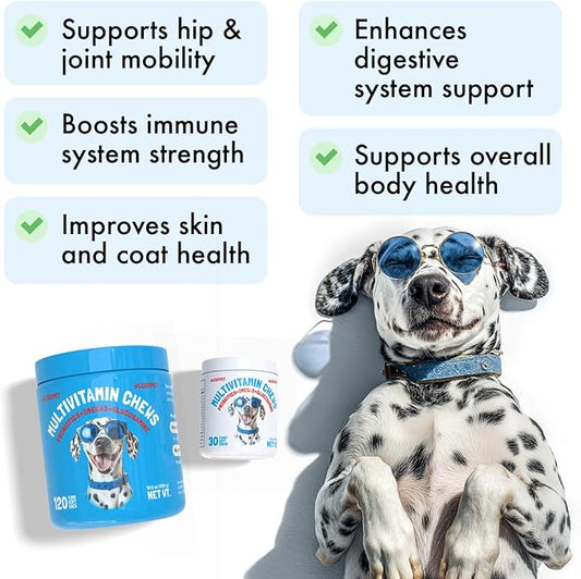 Dog Vitamins - 30 Multivitamins Chews w/Glucosamine Chondroitin, Probiotics Digestive Enzymes and Omegas - Supplement for Overall Health - Joint Support, Immune Health, Skin and Heart Health