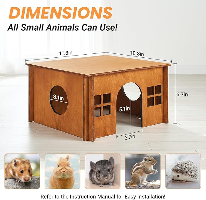 Upgraded Guinea Pig Hideout, Brown Chinchilla House with Windows, Hamster Cage Accessories for Small Animal Houses & Habitats, Wood Hamster Hideout with Cushion, Guinea Pig House for Rabbit, Hedgehog