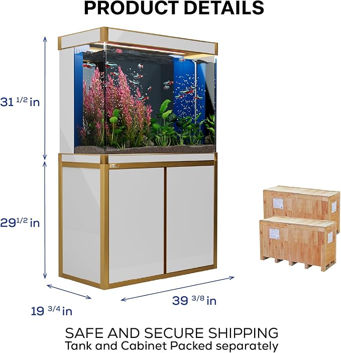 100 Gallon Aquarium Fish Tank with Upright Fishtank Stand Water Pump Freshwater Filter LED Bundle and Straight Corners Clear Glass - White with Gold Trims