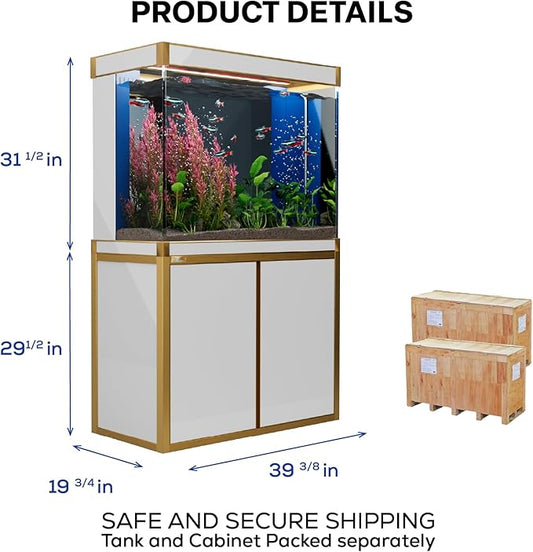 100 Gallon Aquarium Fish Tank with Upright Fishtank Stand Water Pump Freshwater Filter LED Bundle and Straight Corners Clear Glass - White with Gold Trims