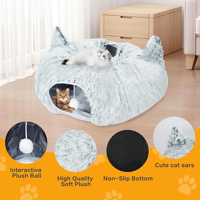 Plush Feline Tunnel Bed with Central Cushion - Indoor Cat Tunnels - Donut-Shaped Cat Bed with Anti-Slip Base - Spacious Cat Tunnel Hideaway for Kittens, Rabbits, Puppies, Ferrets