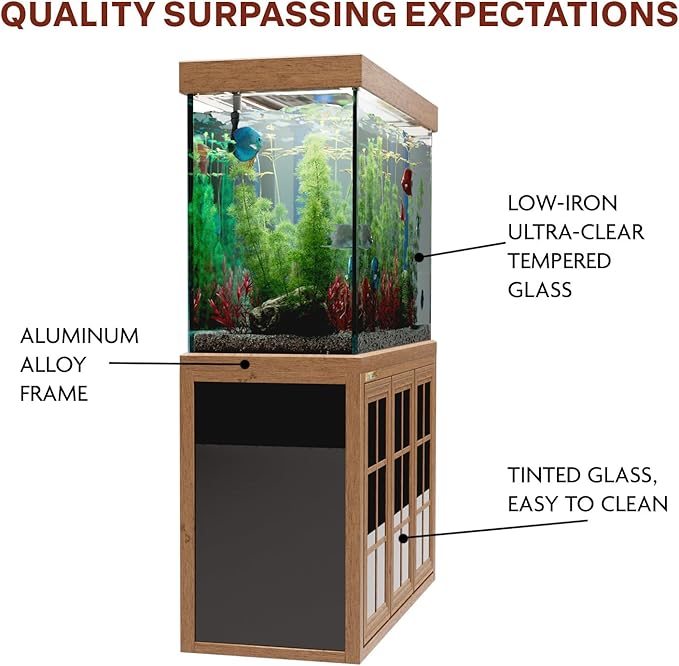 175 Gallon Aquarium Fish Tank with Upright Fishtank Stand Water Pump Freshwater Filter LED Bundle and Straight Corners Clear Glass - Brown Wood Finish