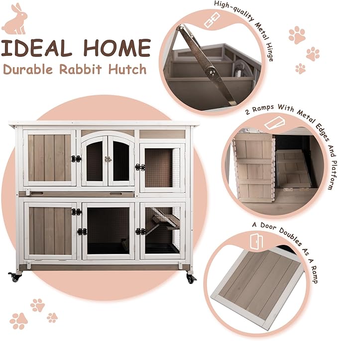 42.7" L Rabbit Hutch Indoor Outdoor 2-Story Rabbit Cage with 4 Wheels,Guinea Pig Cage Bunny Hutch with 2 Pull Out Trays,Bunny Cage with Asphalt Roof for Small to Medium Animals