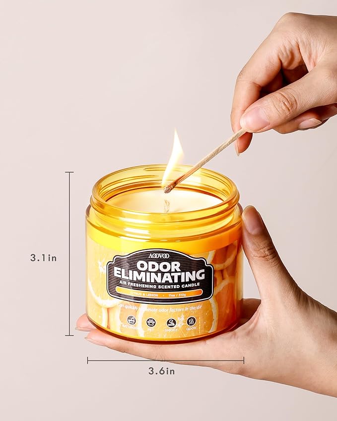AOOVOO Citrus Lemon 11 oz Large Odor Eliminating Candle - Eliminates 95% of Pet, Smoke, Food, and Other Smells Quickly, Long Lasting Highly Fragranced Air Freshing Soy Candle